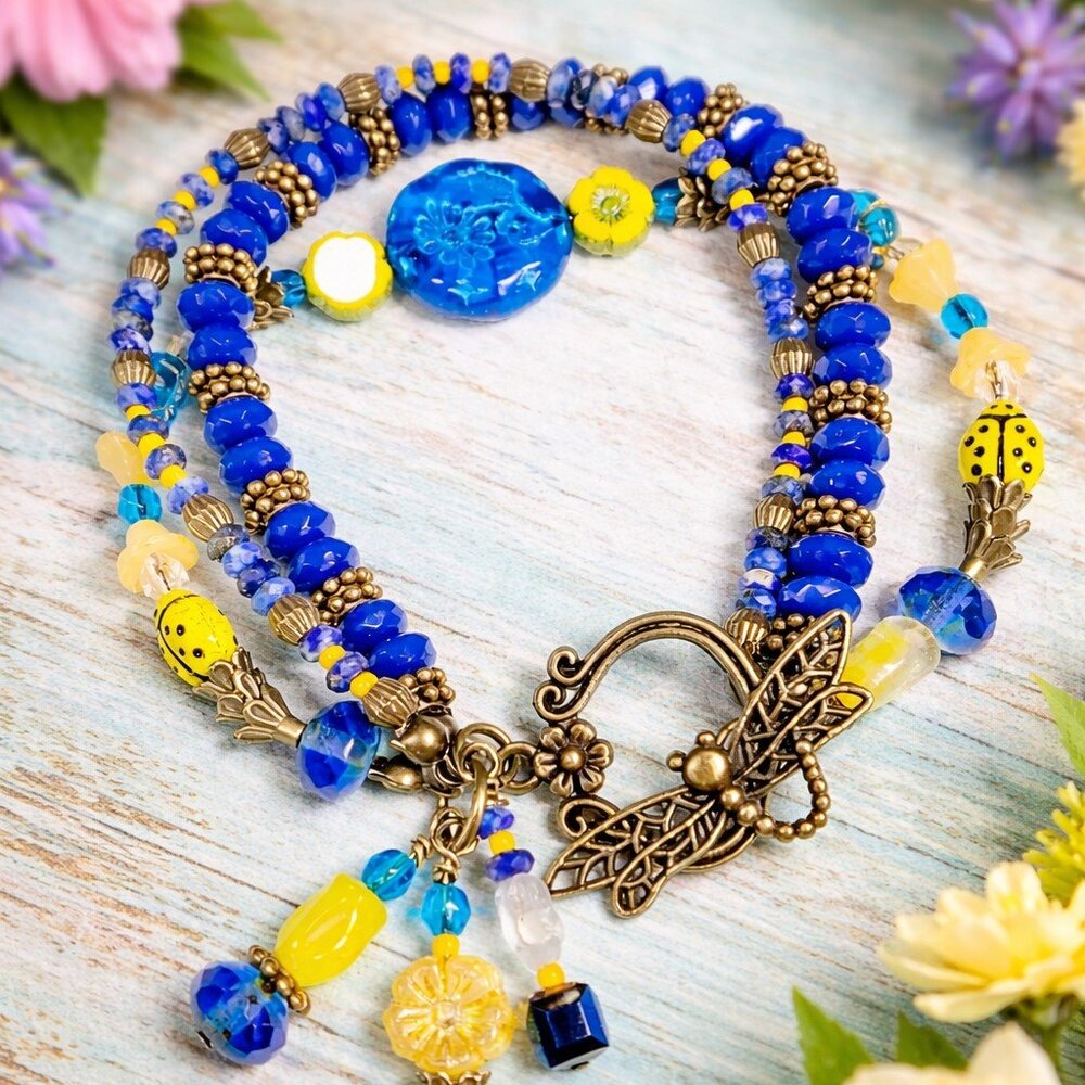 Blue & Yellow Floral Beaded Bracelet  Boho Wrap Bracelet with Butterfly Clasp